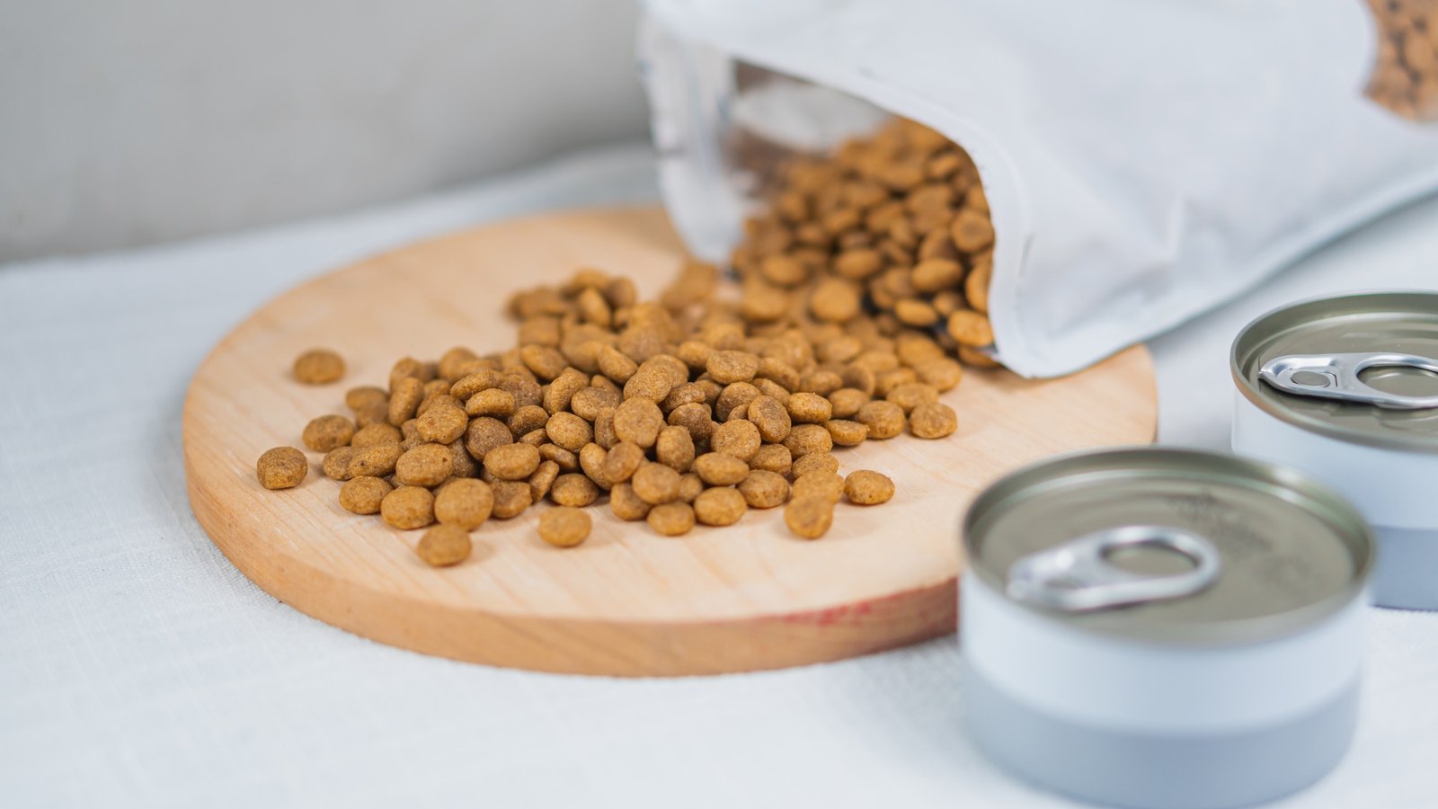 Pet Food and Supplies on Wooden Board